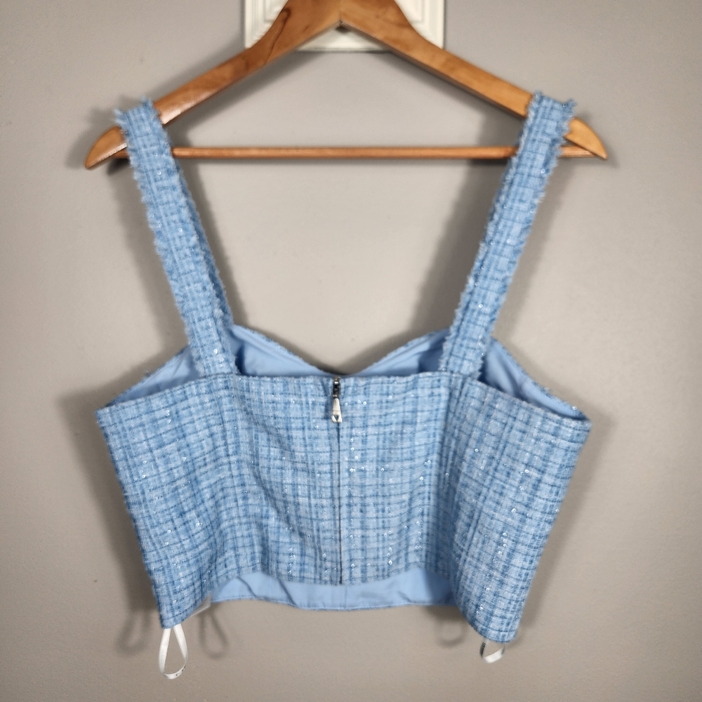 Guess Blue Metallic Tweed Fringed Emily Sleeveless Sweetheart Crop Top M - Picture 7 of 10